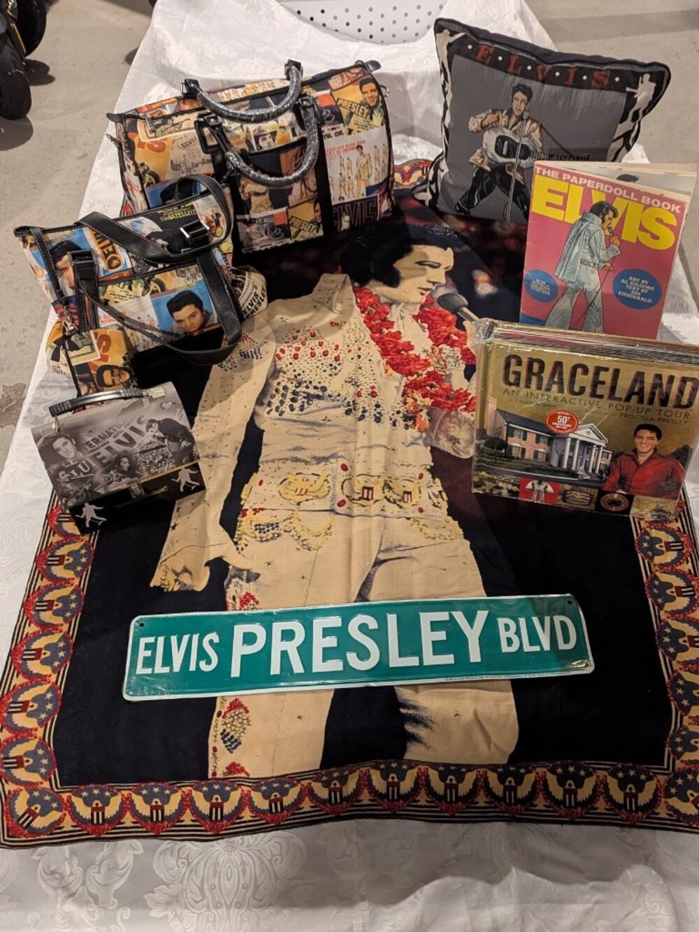 Vintage Elvis Memorabilia Lot: Book Sign Pillow Paper Doll Tin Luggage Tapestry